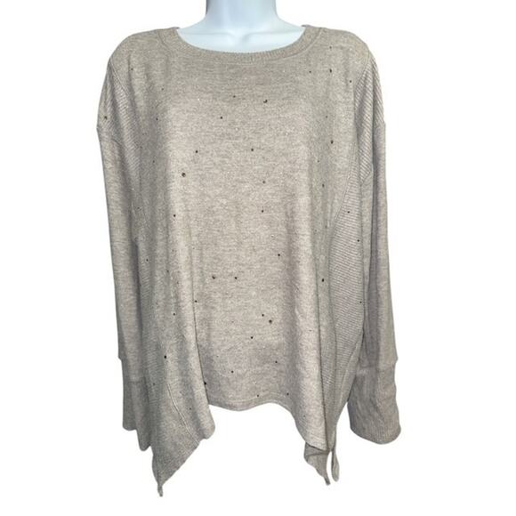 Democracy 1X Sweater Brown Beads Soft Rayon Asymmetric Hem Crew Neck Long Sleeve - Picture 1 of 5